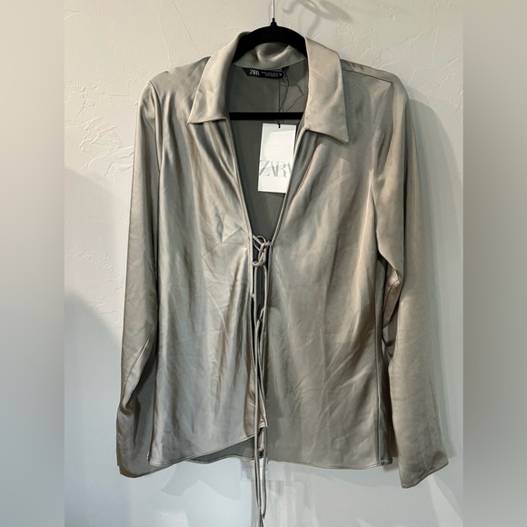 Zara Jackets & Blazers - Zara Women's Satin Look Tie Top Green Size XL